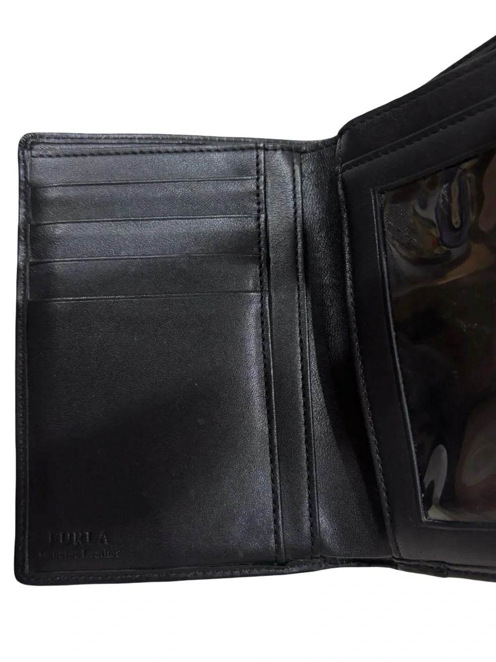 Vintage Furla Black Genuine Leather Bifold Wallet Silver Ring Hardware